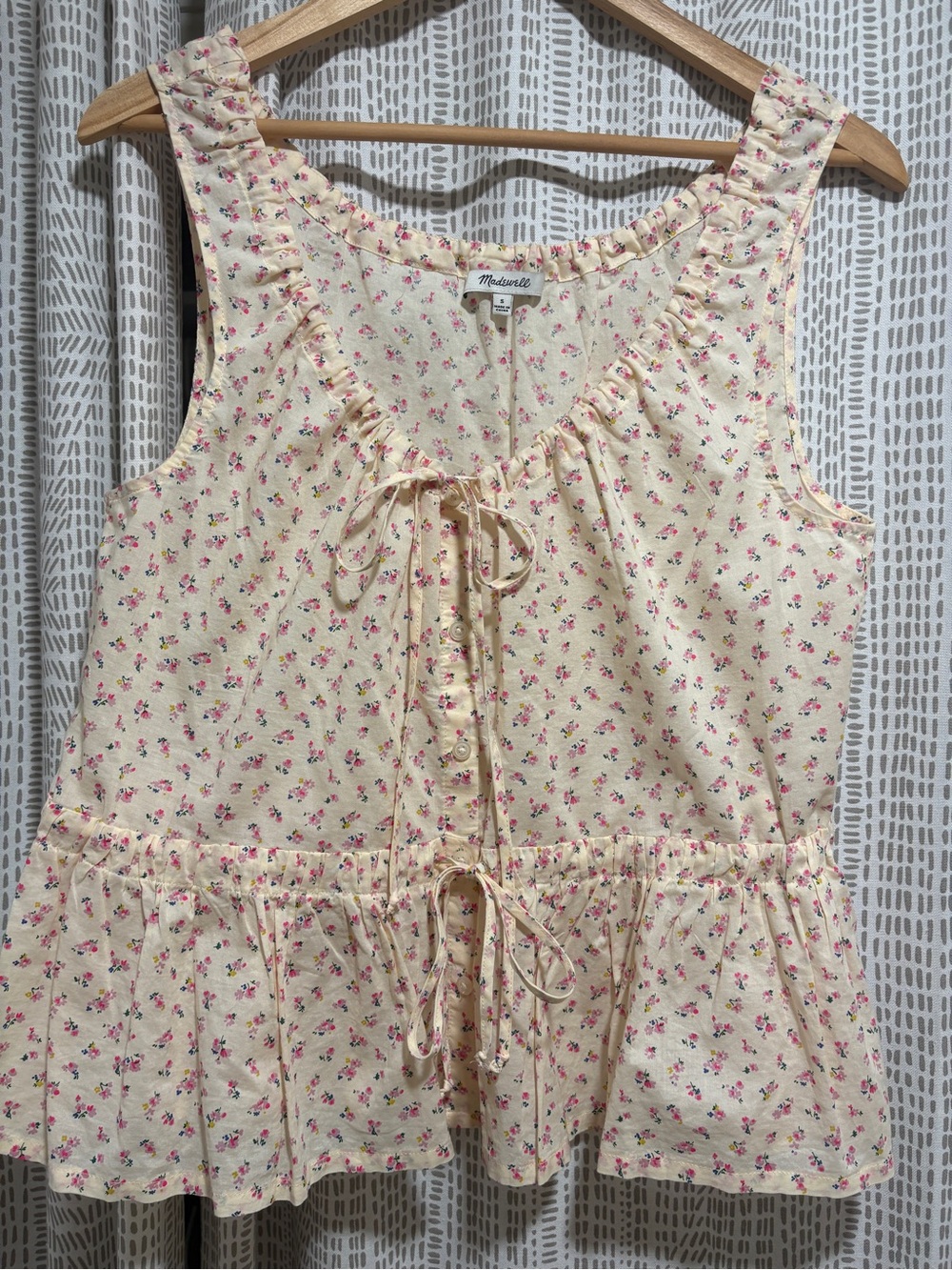 Madewell Cream Floral Ruffle Tie-Front Dress